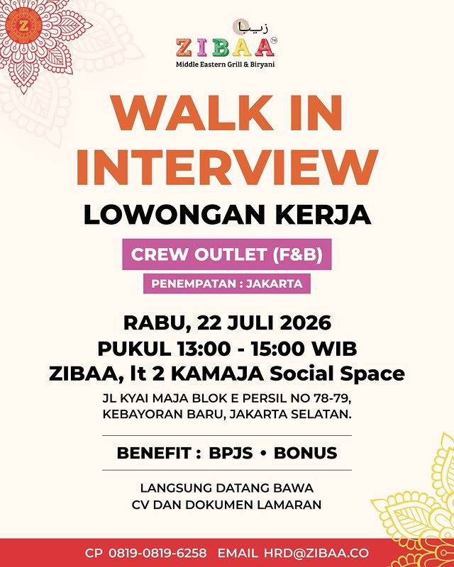 Flyer loker Crew Outlet F&B di Zibaa Middle Eastern Grill & Biryani