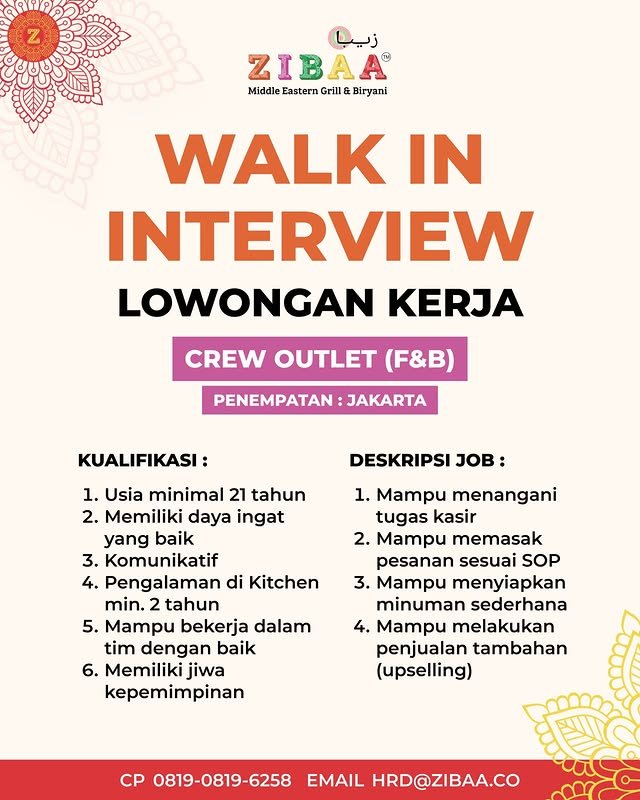 Flyer loker Crew Outlet (F&B) di Zibaa Middle Eastern Grill & Biryani