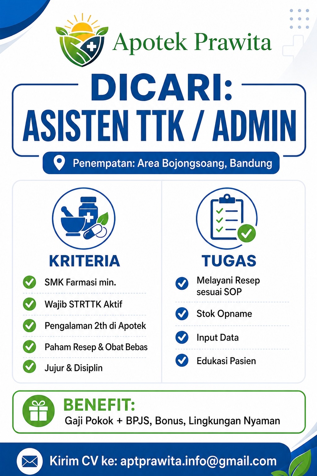 Flyer loker Asisten TTK / Admin di Apotek Prawita