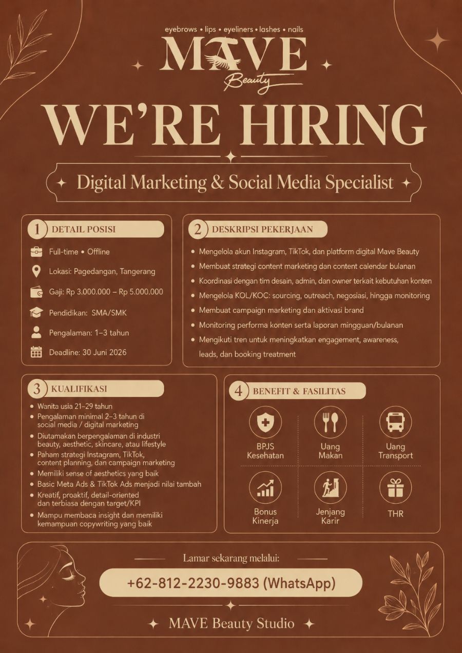 Flyer loker Digital Marketing & Social Media Spesialis di Mave Beauty