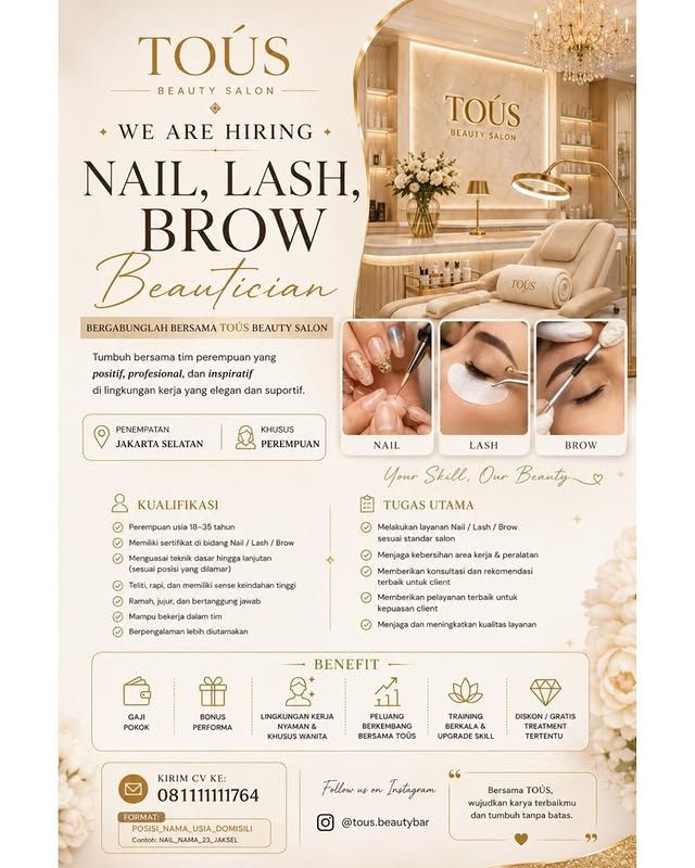 Flyer loker Nail, Lash, Brow Beautician di TOUS Beauty Salon